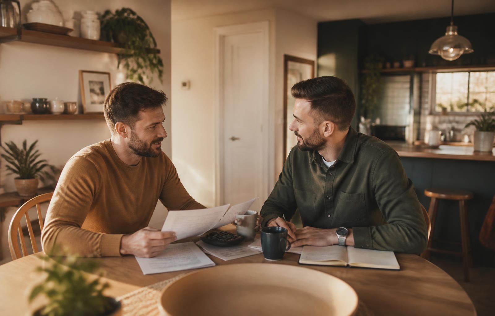 A same-sex couple reviewing financial documents together at their kitchen table in warm morning light