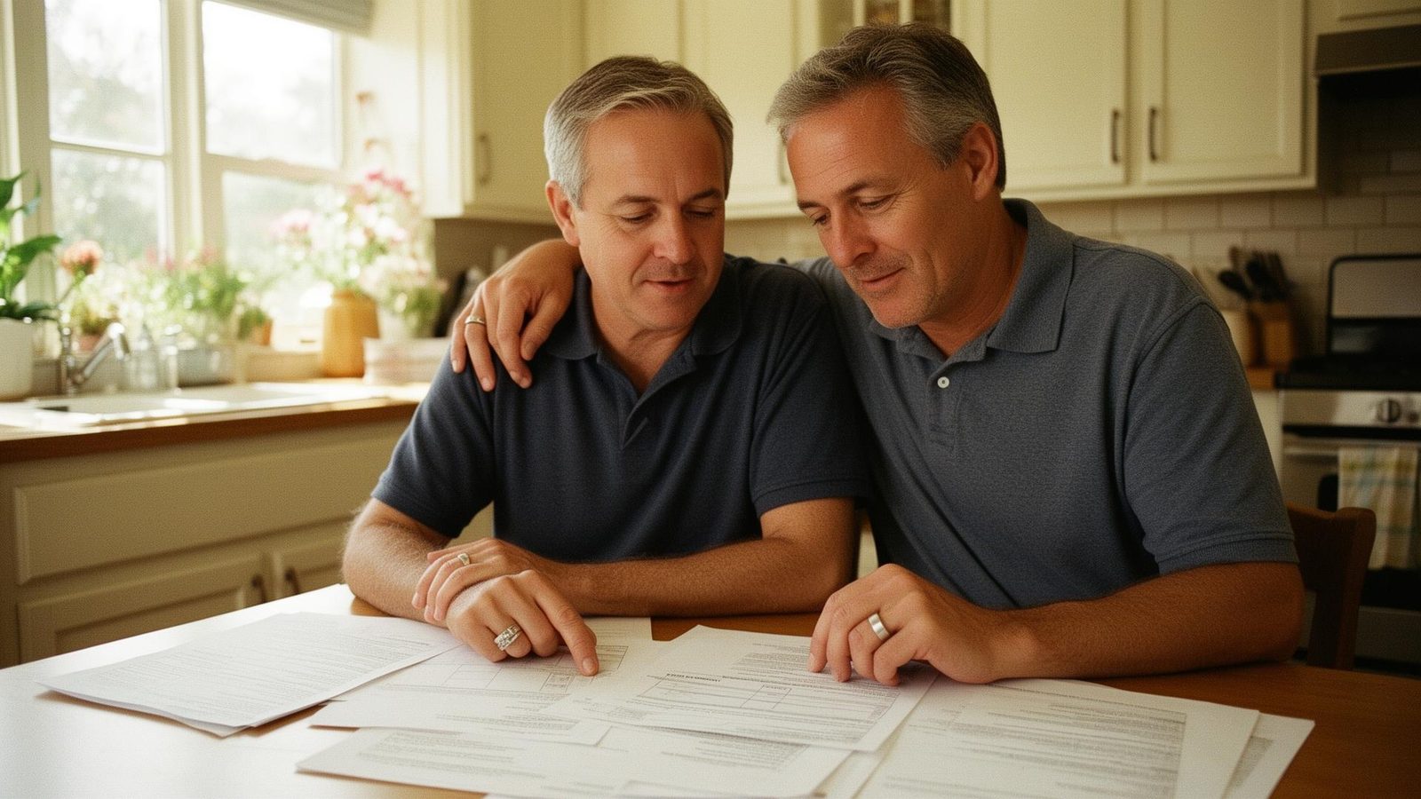Same-sex couple reviewing estate planning documents at a sunlit kitchen table