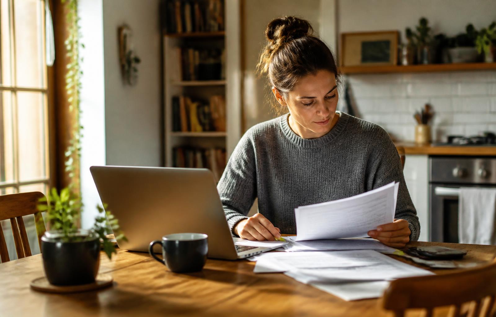 Person at a kitchen table reviewing health insurance paperwork on a laptop in warm afternoon light