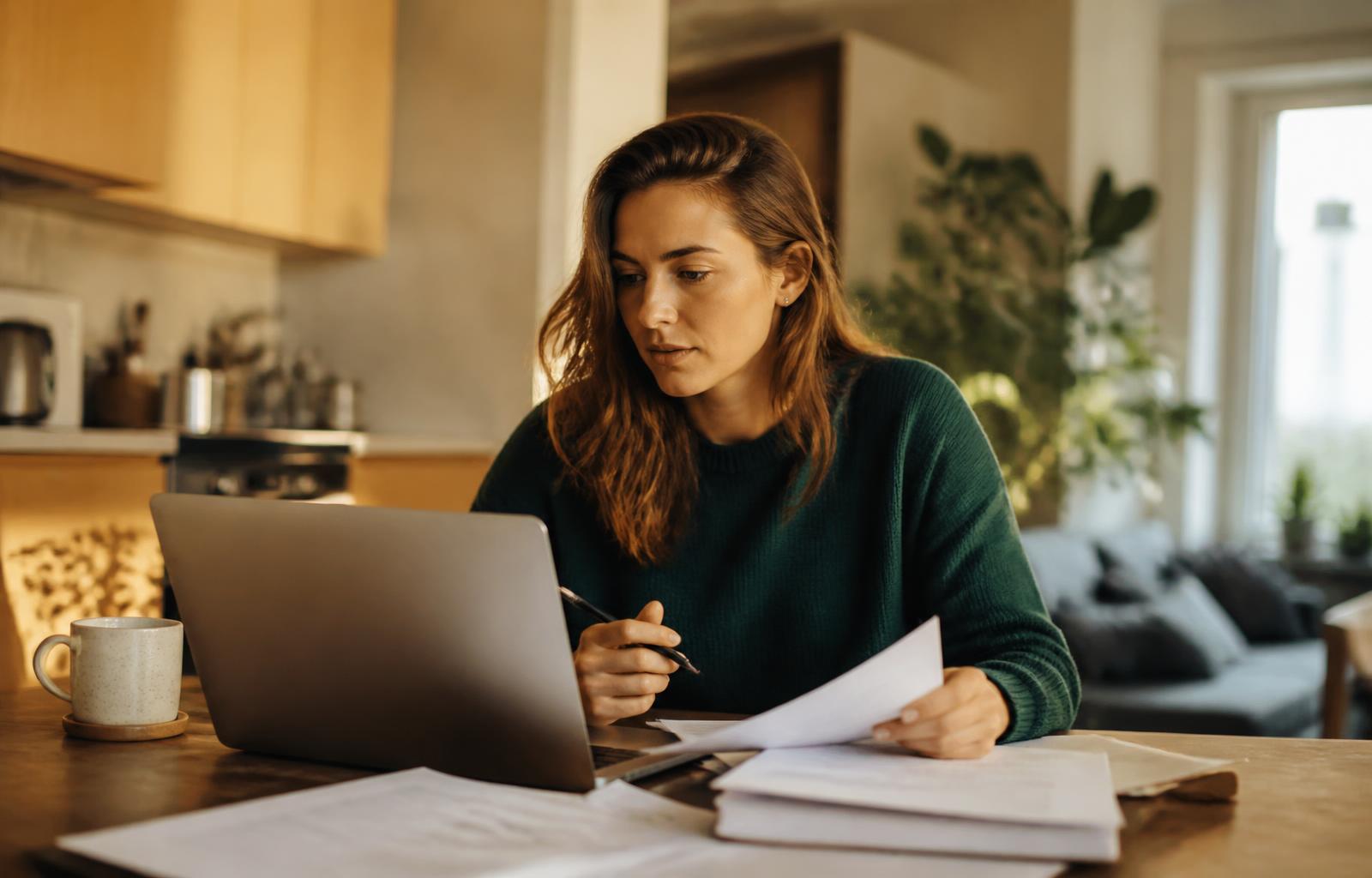 A young professional reviewing pay statements and a laptop at a kitchen table in warm morning light