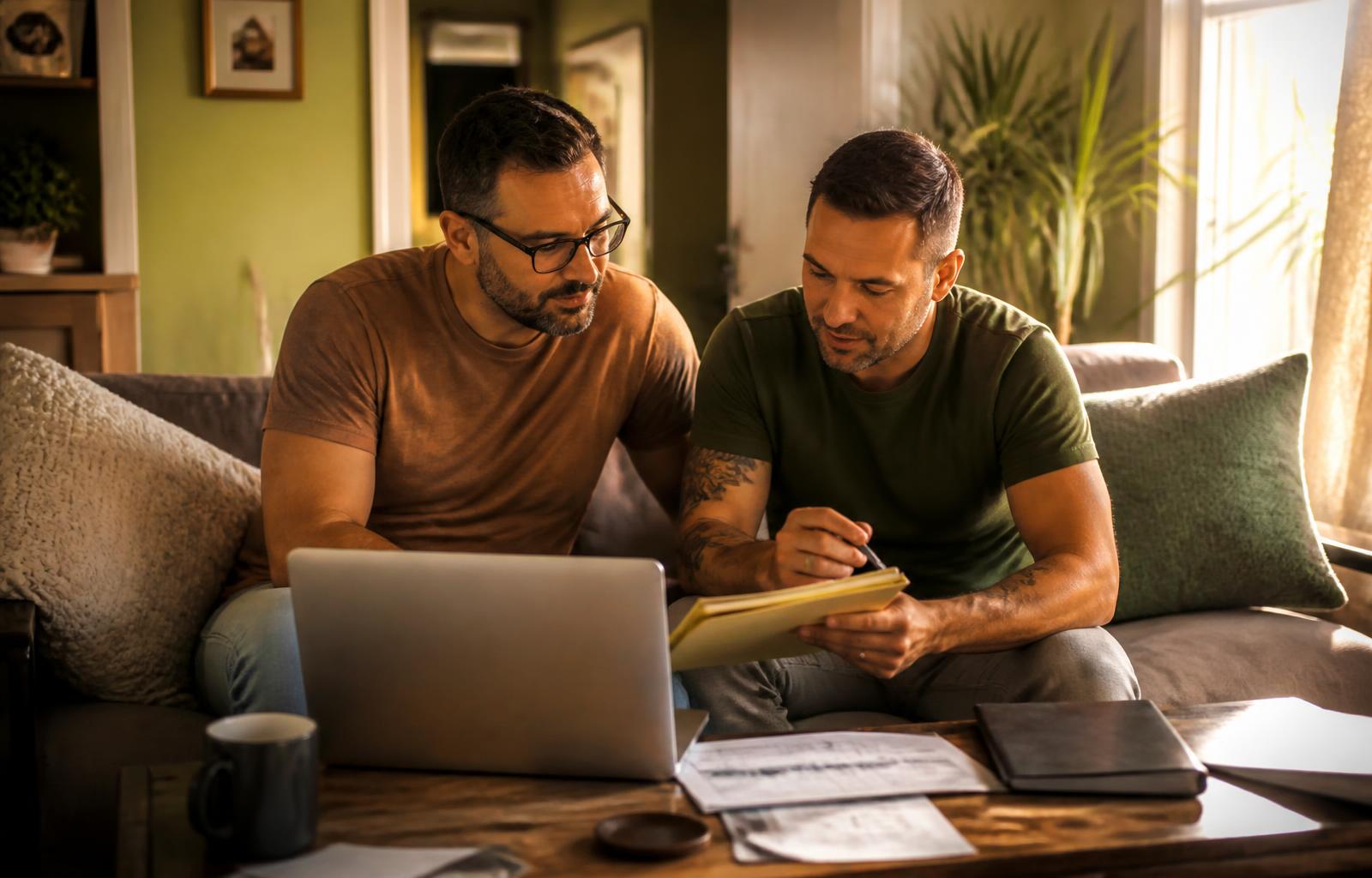 Same-sex couple reviewing their financial plan together on a laptop at home