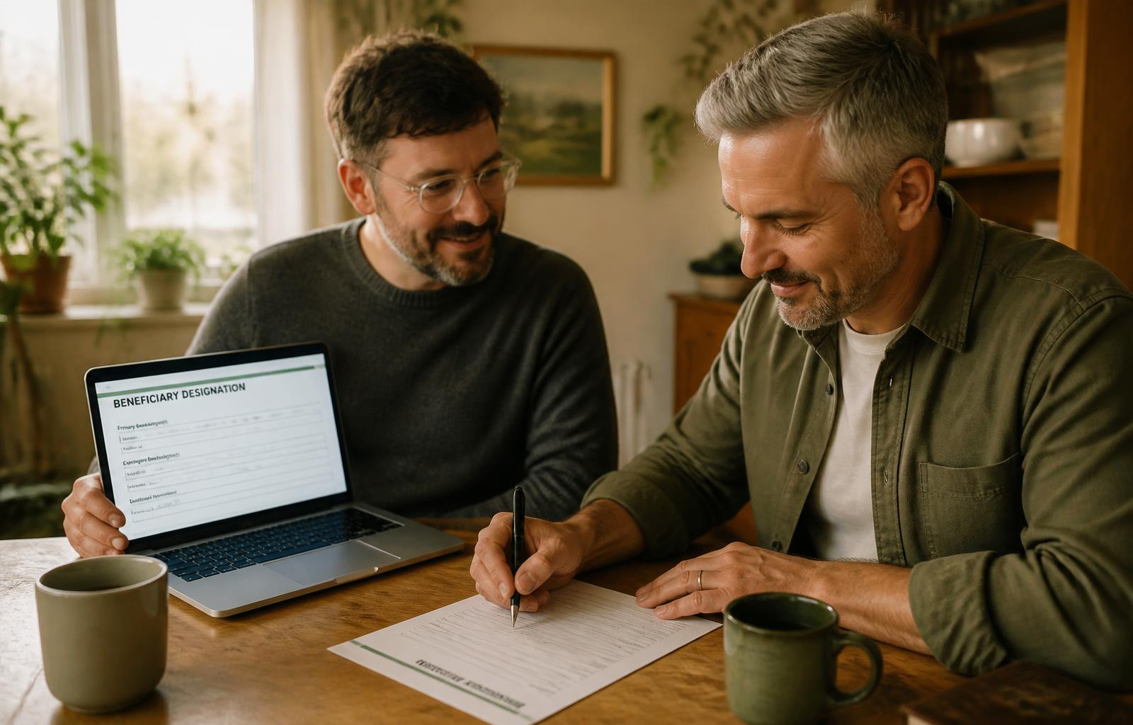 Couple at a kitchen table filling out a beneficiary designation form together in morning light