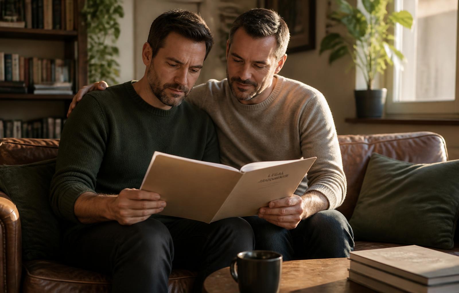 Same-sex couple sitting together reviewing legal documents in a warmly lit living room