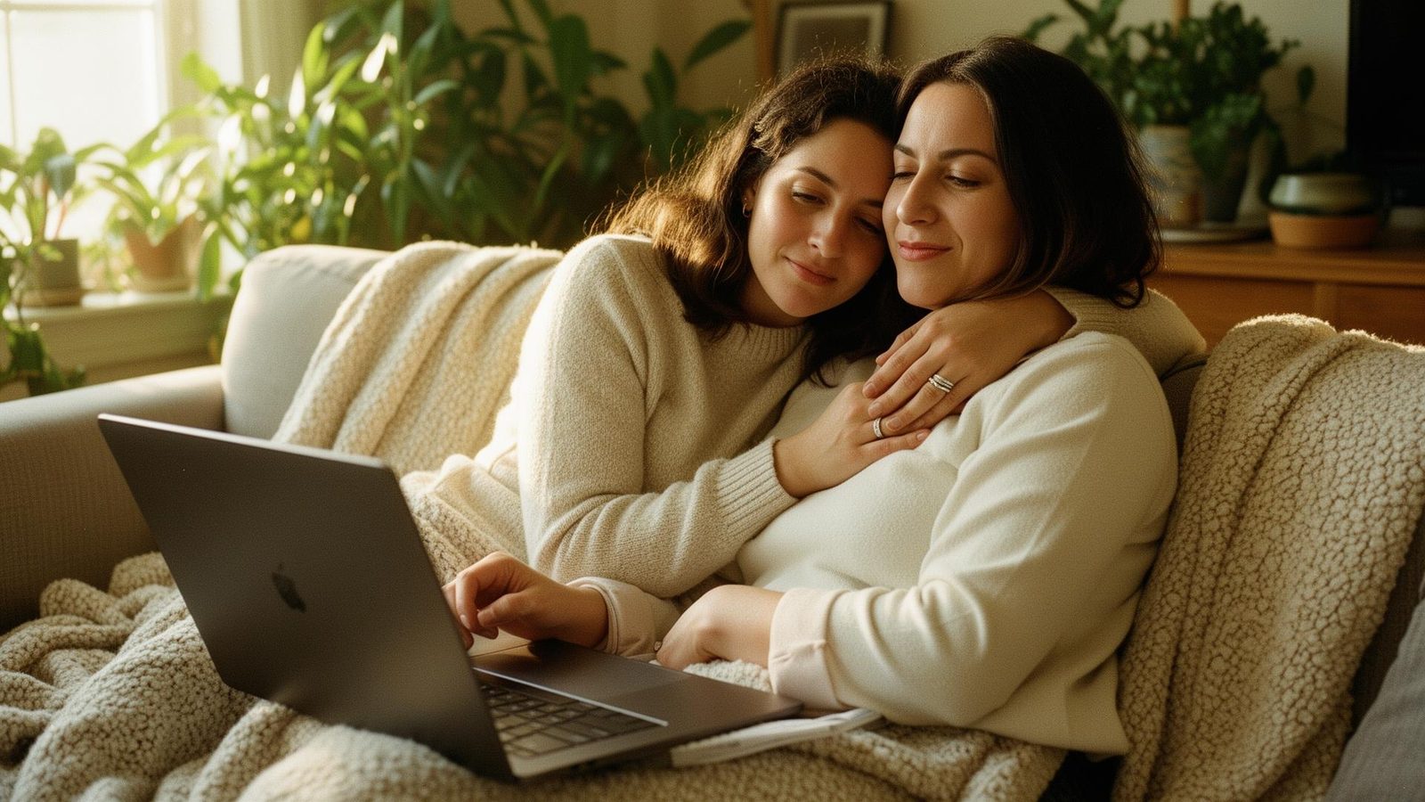 Same-sex female couple reviewing finances together on a laptop in a cozy living room