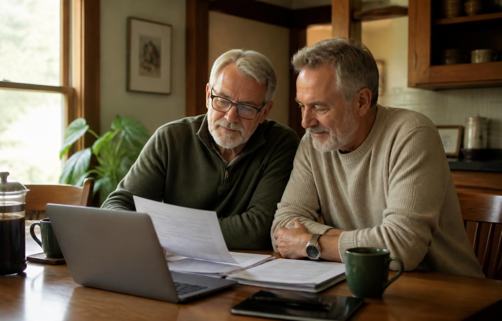 Couple in their sixties reviewing Medicare and Social Security paperwork at a kitchen table