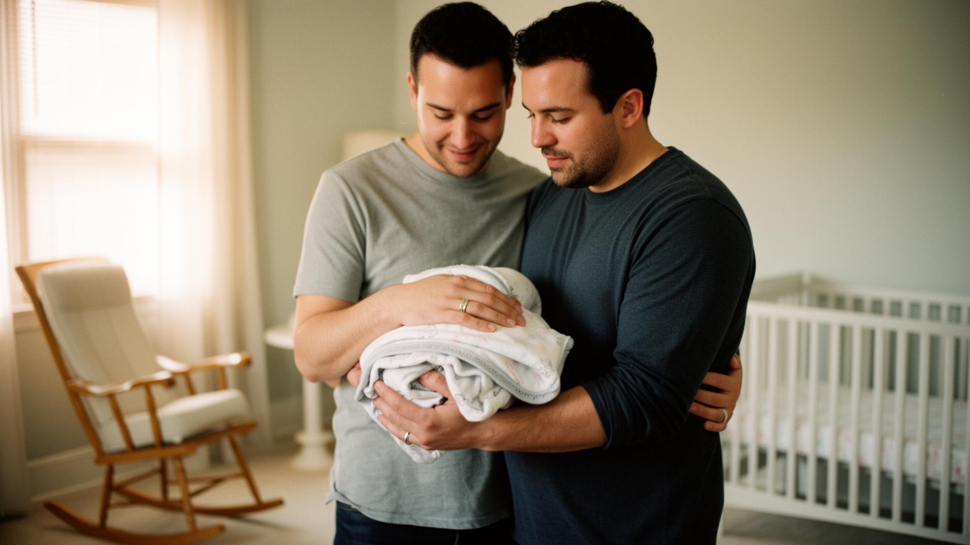Same-sex male couple in a sunlit nursery preparing for their child