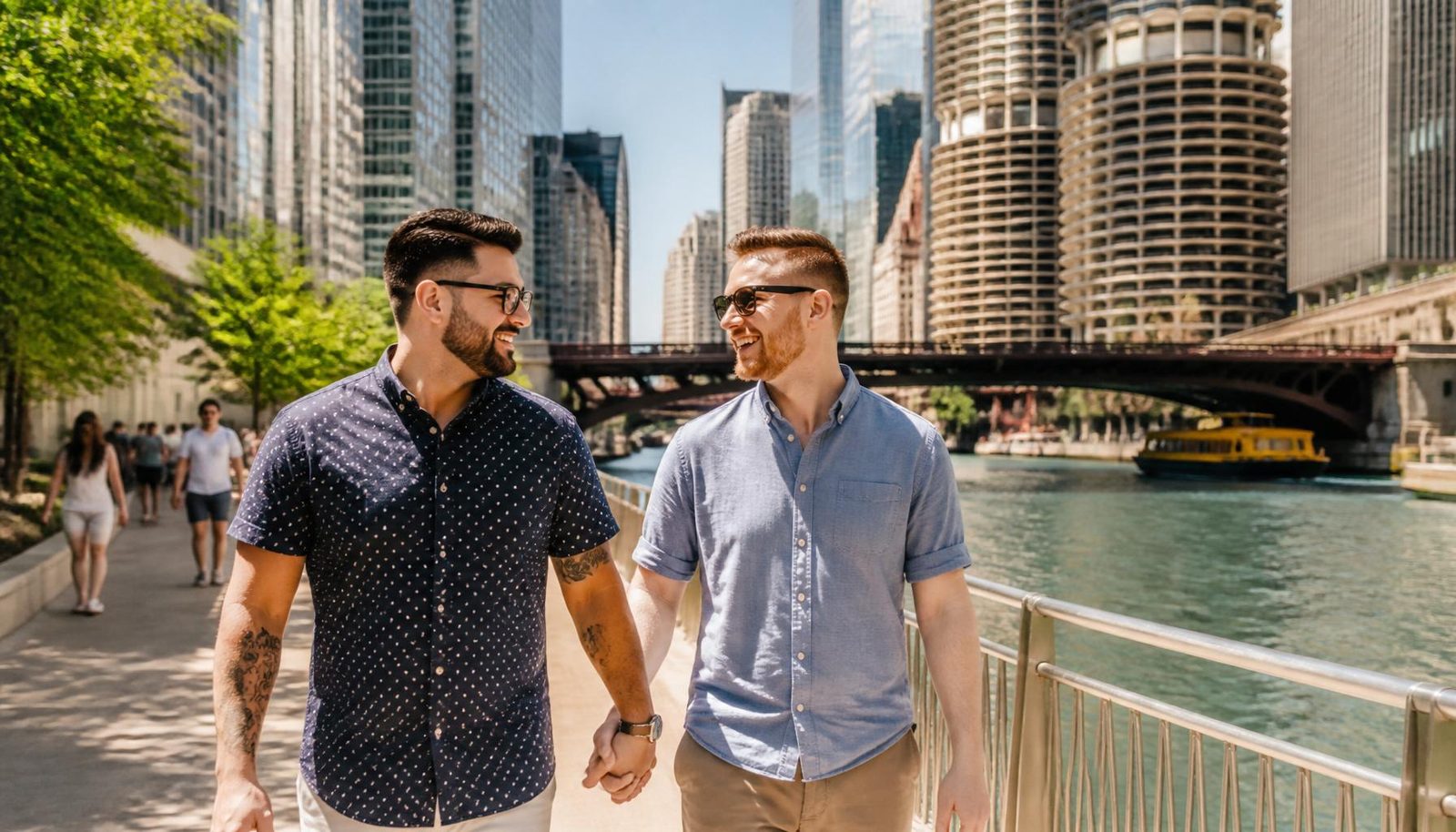 Same-sex couple walking along the Chicago Riverwalk with the skyline in the background