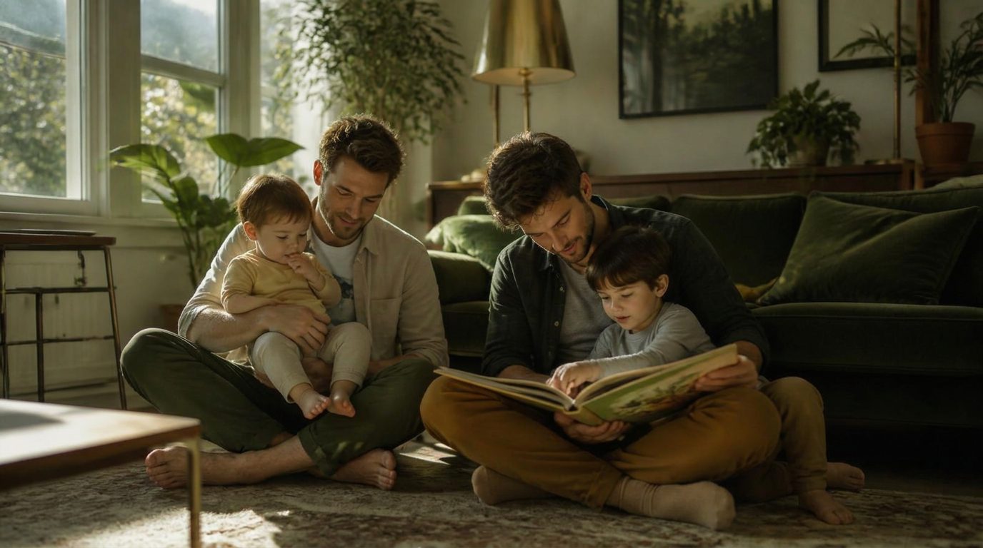 Two dads reading with their young children at home in Salt Lake City