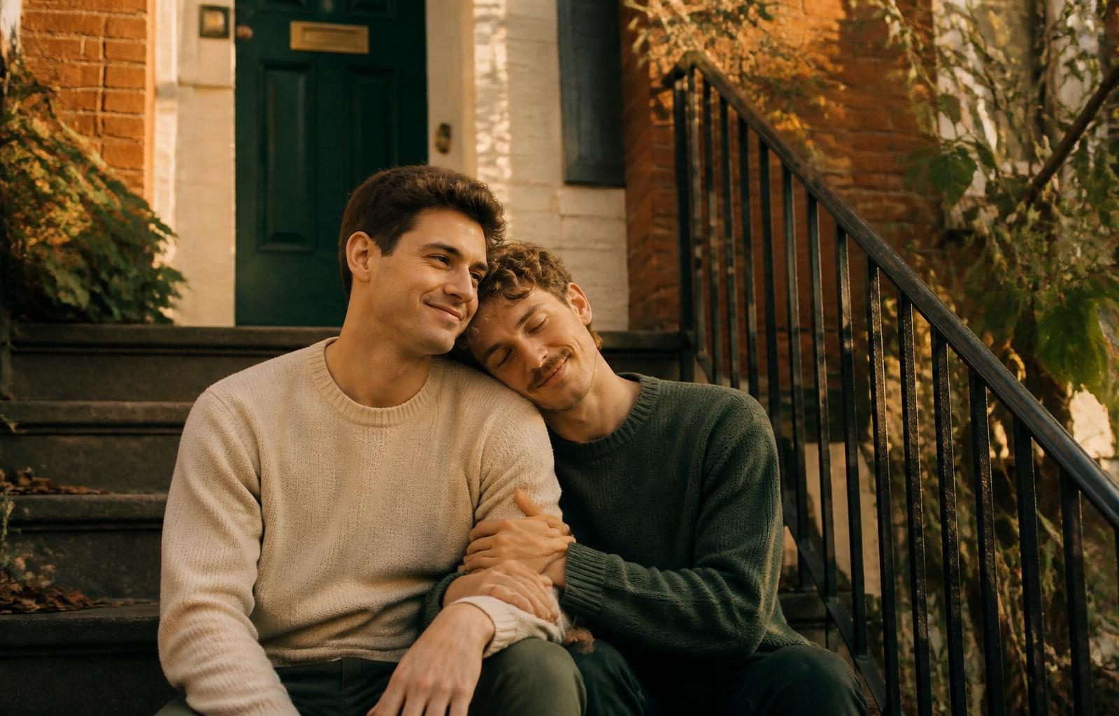 Same-sex couple sitting together on a Washington DC rowhouse stoop in warm autumn light