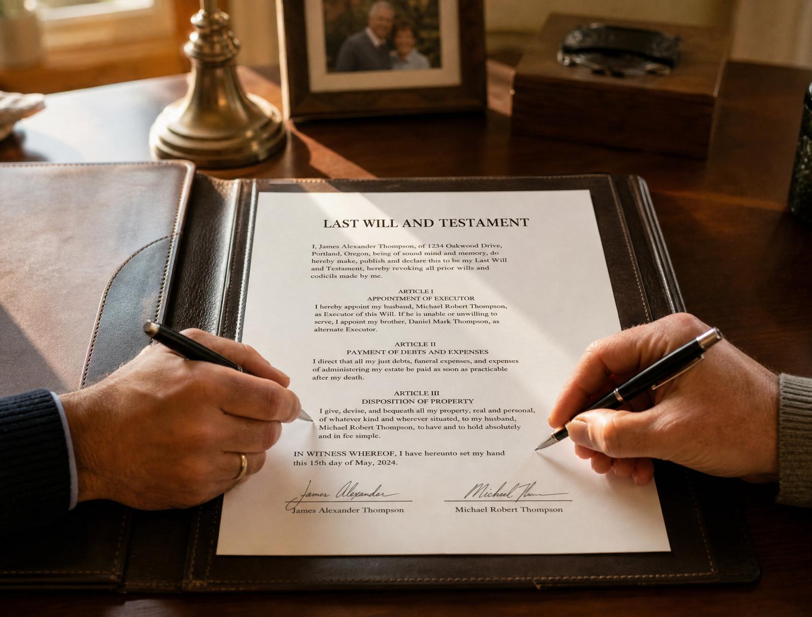 Two adults reviewing and signing legal estate documents together
