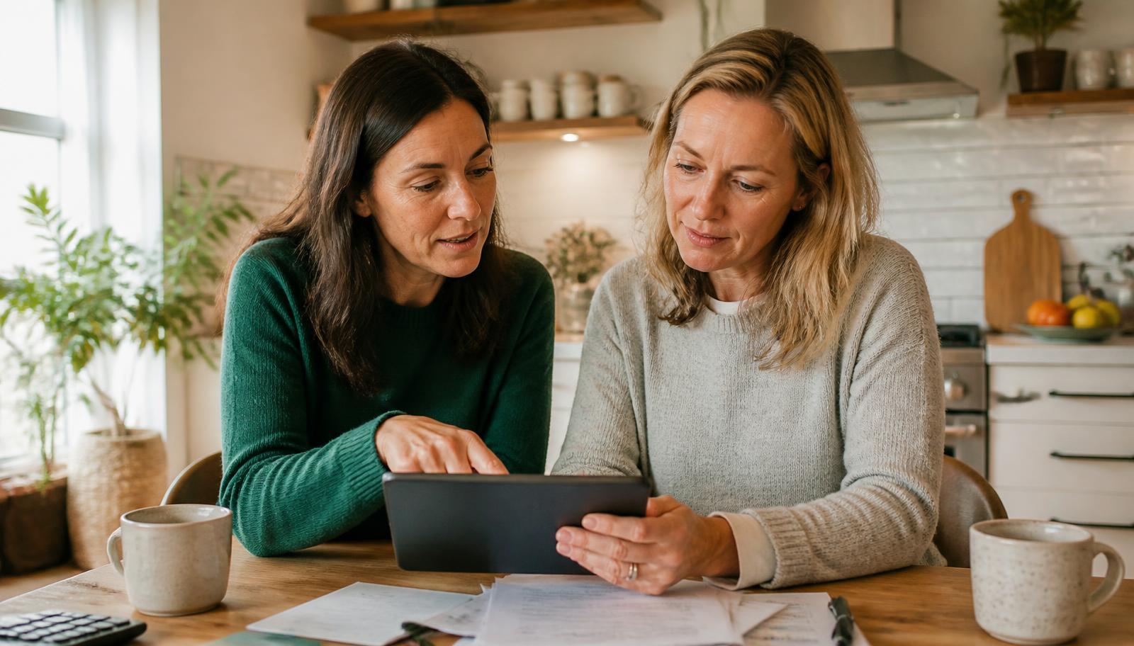 Two women reviewing household financial documents together at a kitchen table