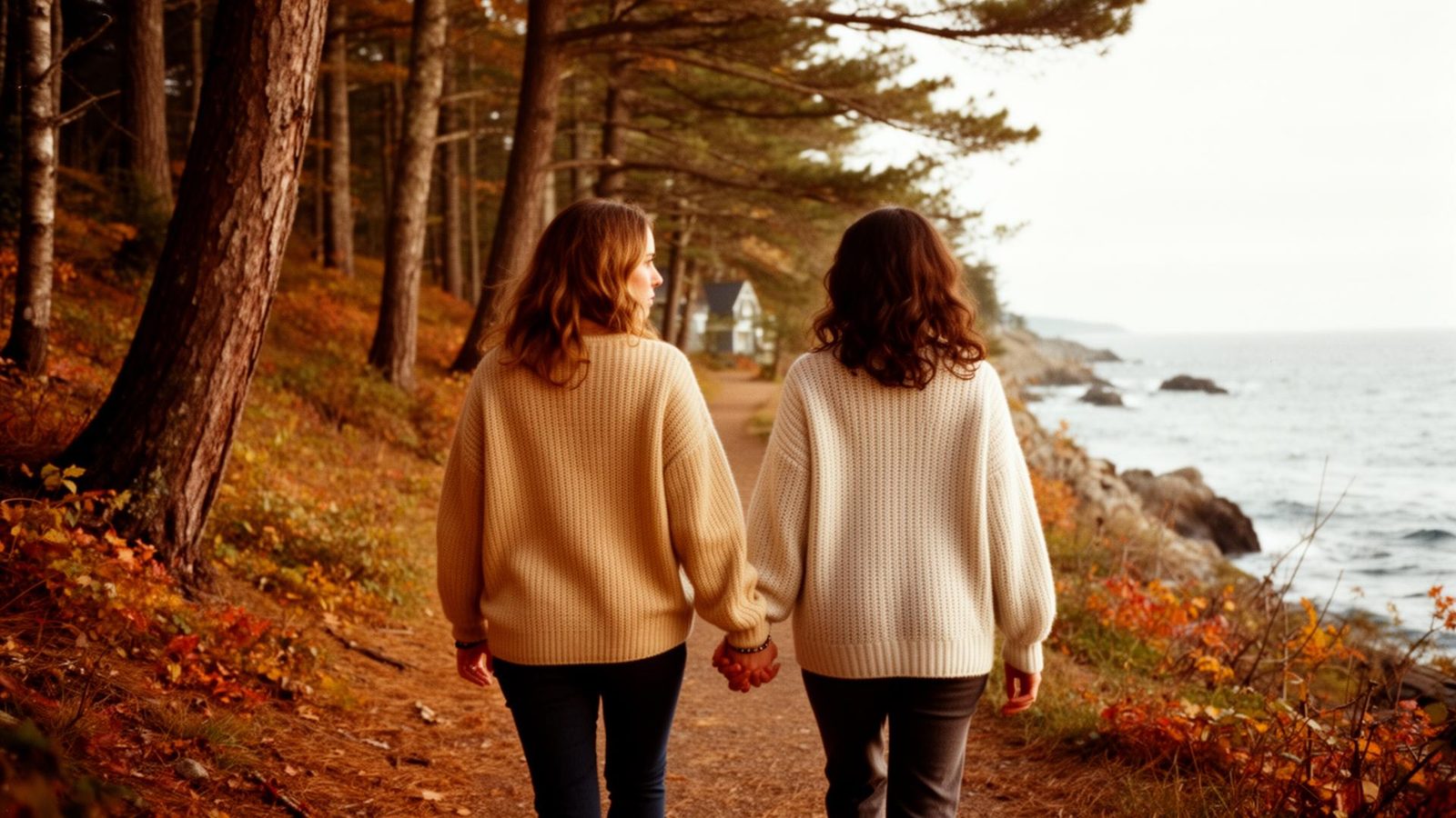 Same-sex couple holding hands while walking along a coastal path at golden hour