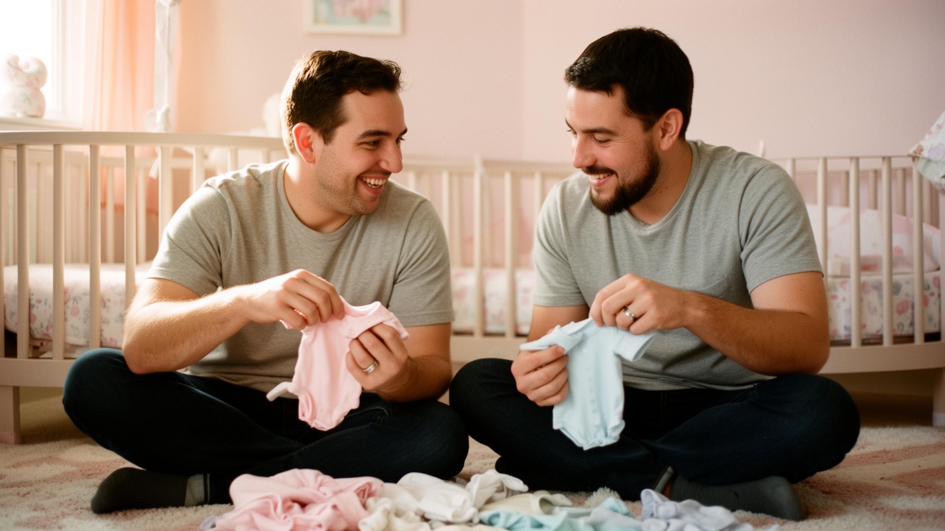 Same-sex male couple folding baby clothes together in a sunlit nursery